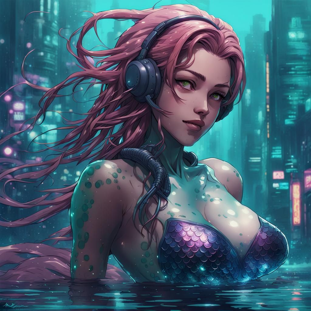Cyberpunk Mermaid in Vibrant Cel-Shaded Style
