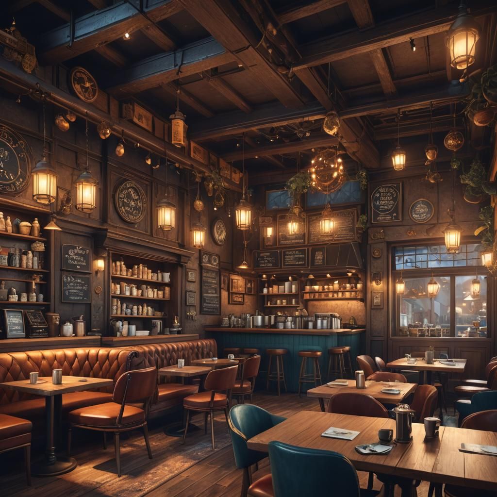 Cozy Coffee Shop with Warm Lighting and Comfy Chairs