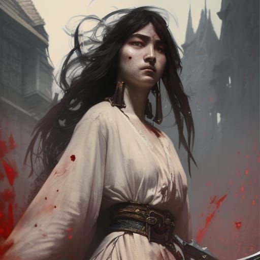 Surreal Dark Fantasy Goddess Wields Samurai Sword in a Blood...