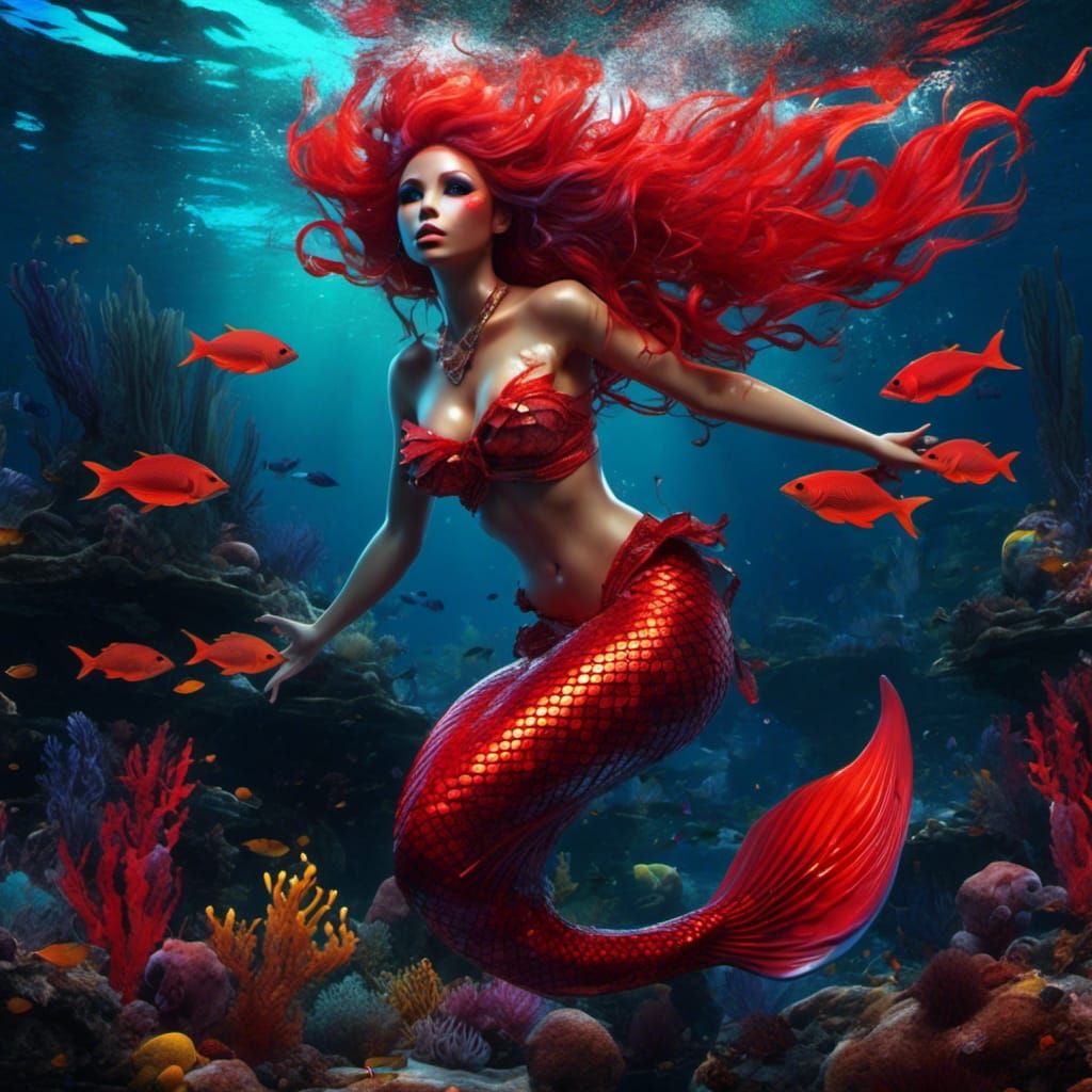 Glowing Red Mermaid in Hyperrealistic Post-Apocalyptic Neon...