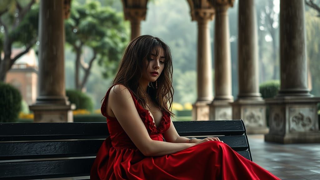 Woman Bathed in Golden Rain, Hair Shining with Rainbow Drops