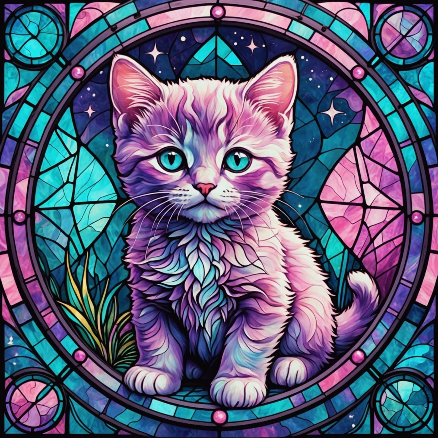 Stained glass window with a kitten pink purple teal