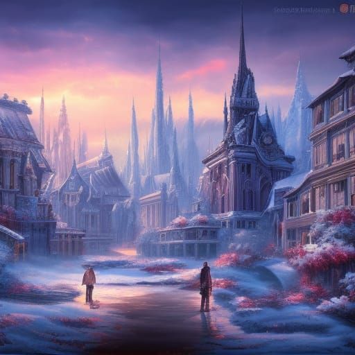 Ethereal Morning: A Snowy City Sunrise in Vibrant Contrast