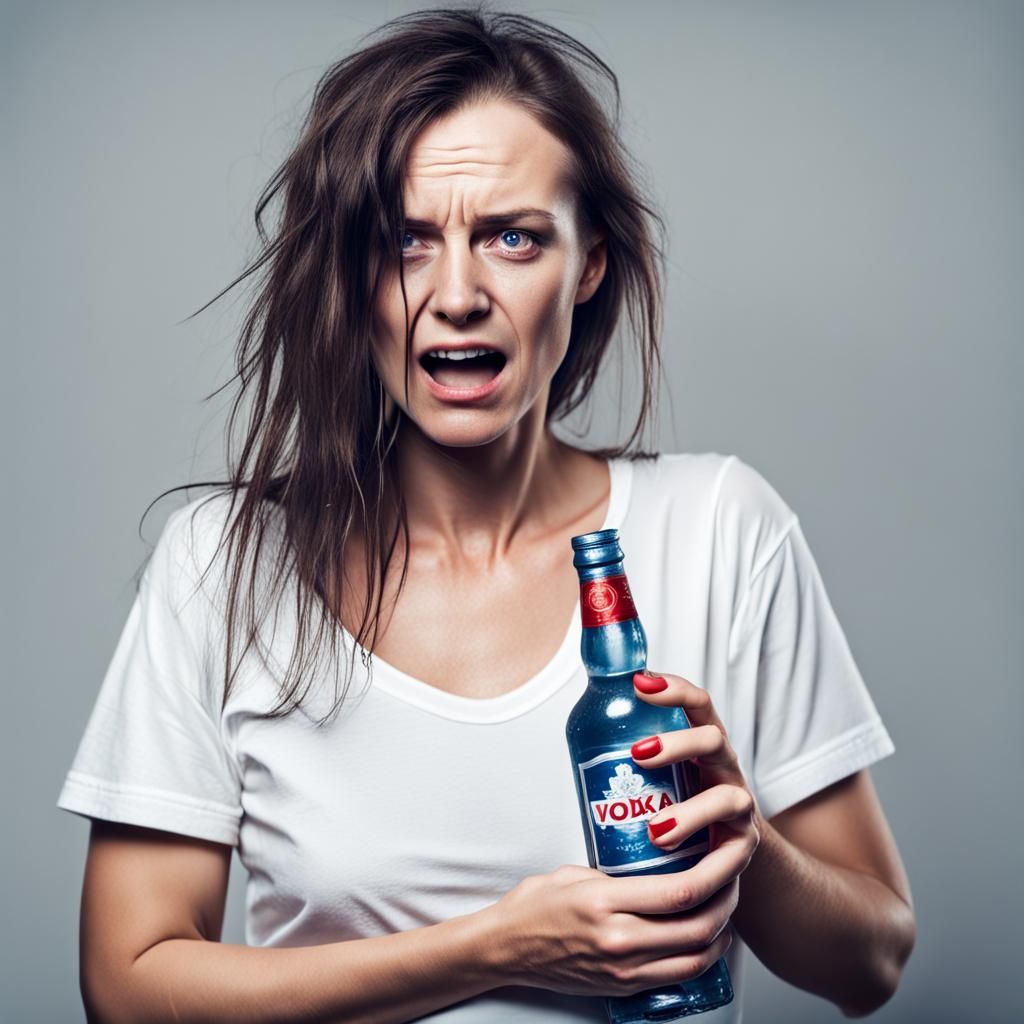 drunk woman in a wet T-shirt with a bottle of vodka