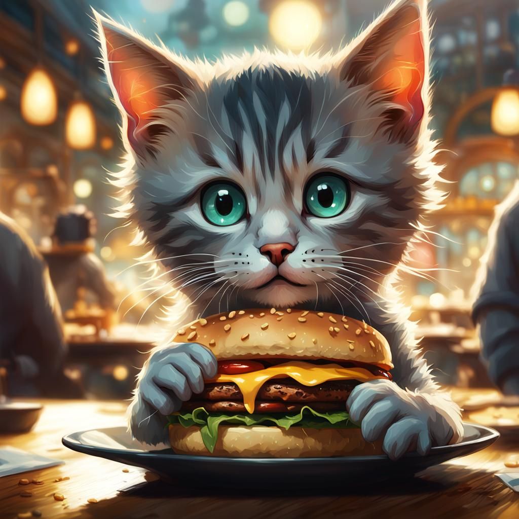 Cute Kitten Enjoying Burger in Sunny Restaurant
