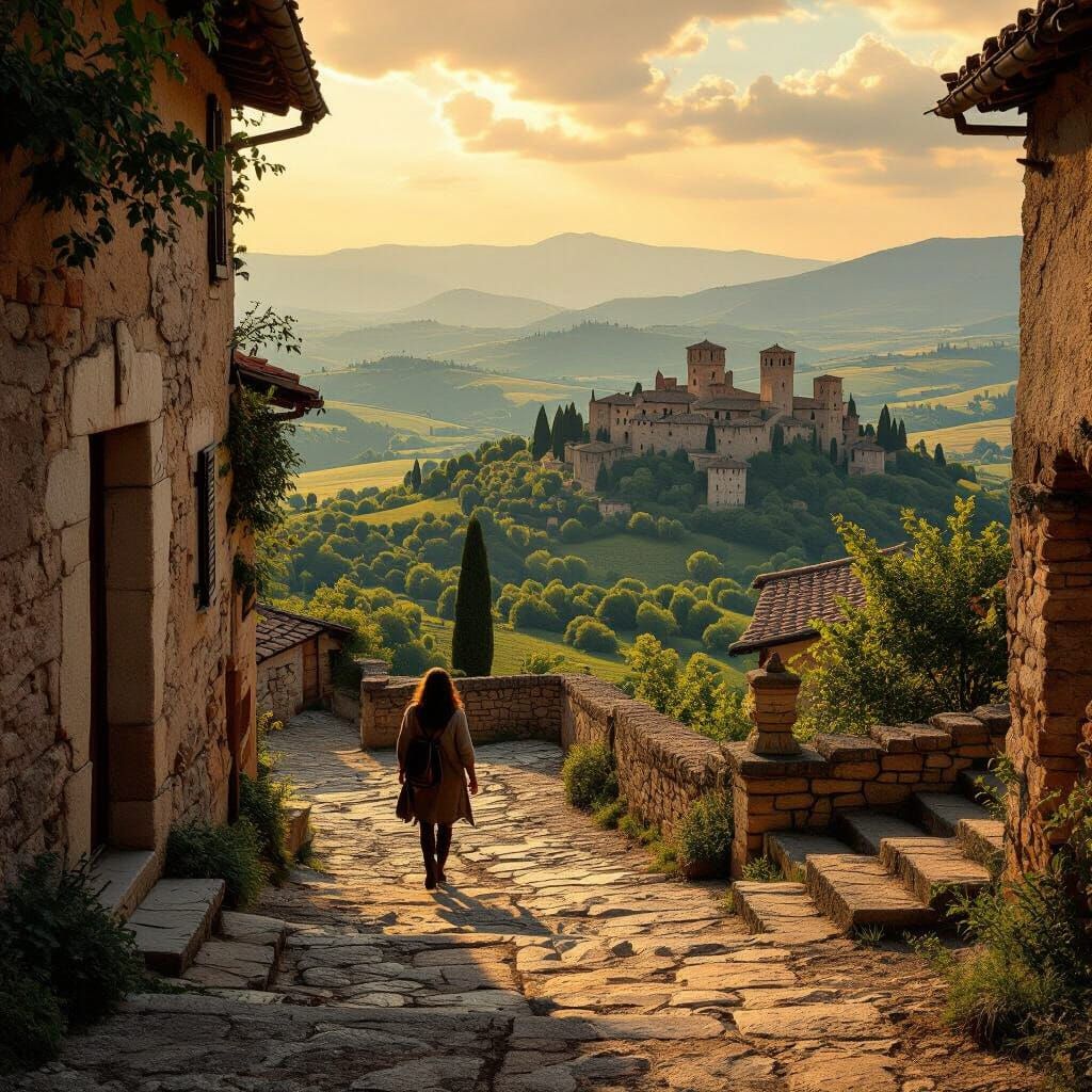 Italian Village Steps with Abandoned Castles, Cinematic View
