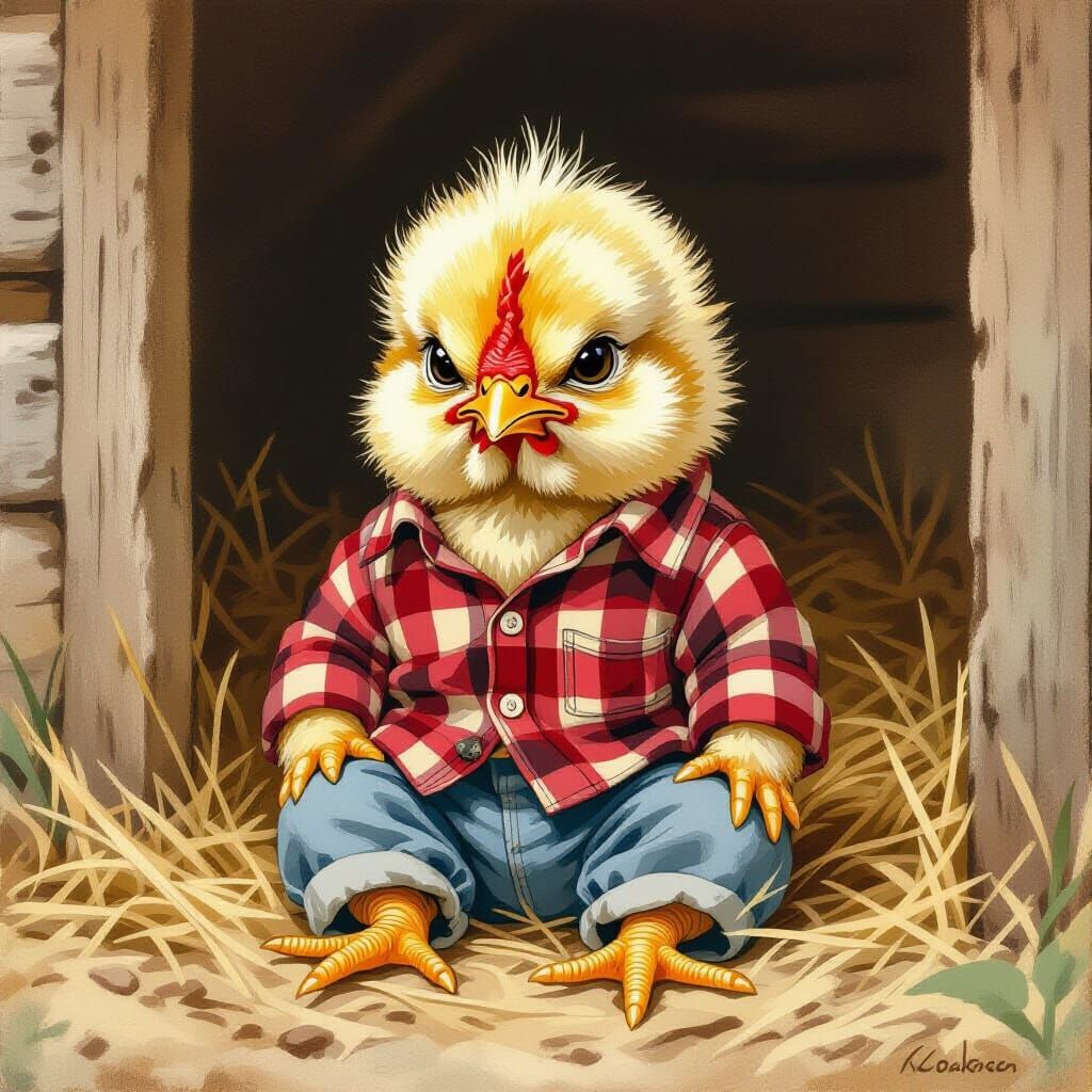 Grumpy Baby Chicken in Farmyard, Storybook Illustration