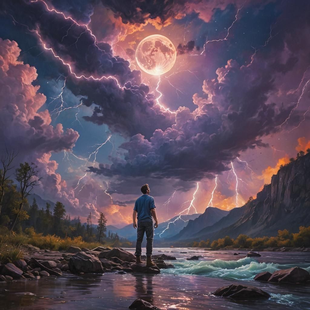 Majestic Man in the Golden Hour, Surrounded by Vibrant Storm...