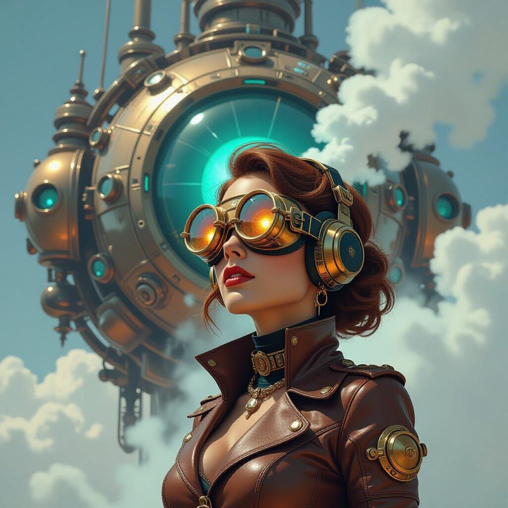 Steampunk Woman Before Futuristic Machine in Retro-Futuristi...