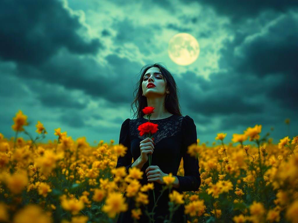 Mourning Woman Under Bright Moonlight