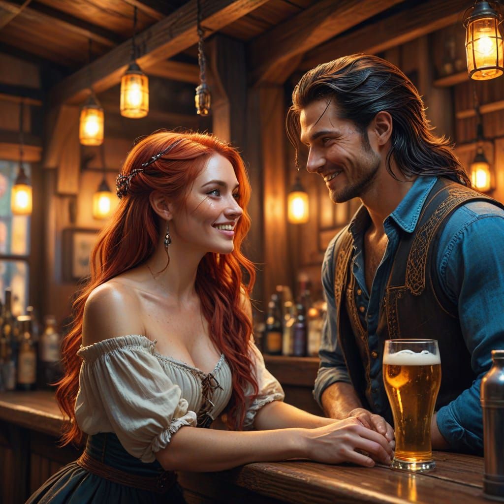 Woman Bartender Serves Customer in Lantern-Lit Tavern