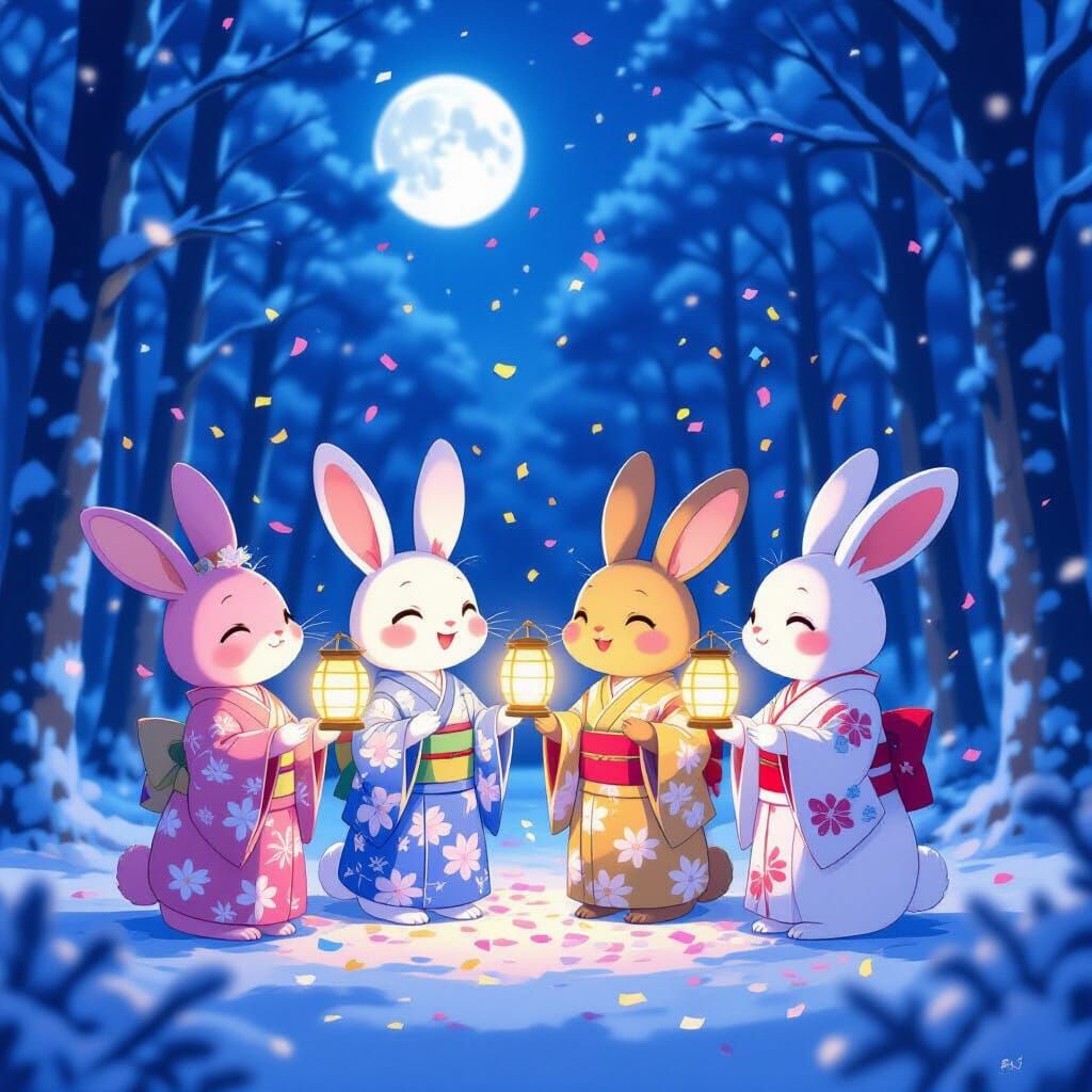 Anime Rabbits Celebrate New Year in Ghibli Style Forest