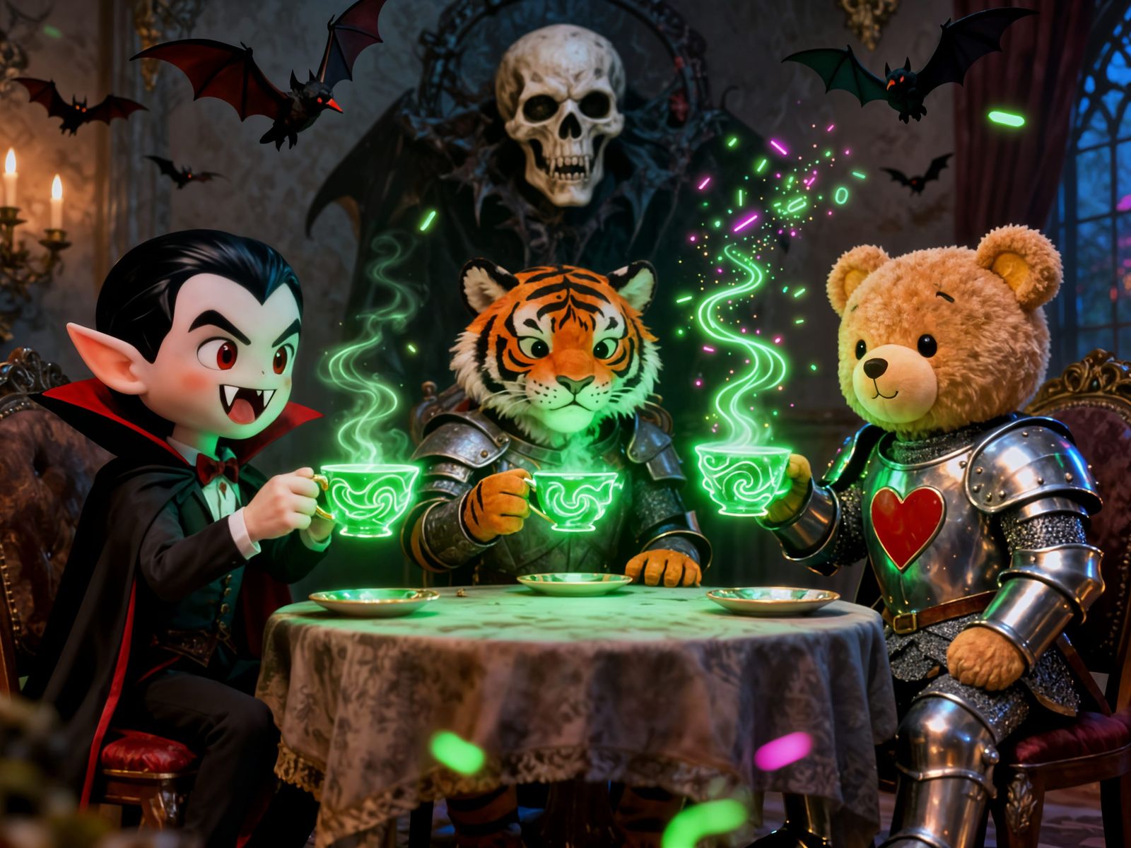 Cute Vampire and Knight Teddy Bear Tea Party