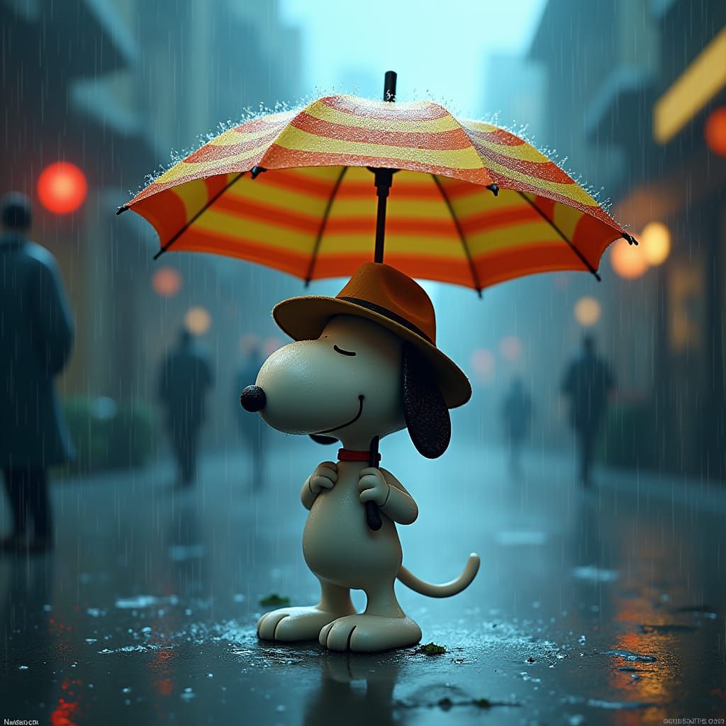 Snoopy Holds Umbrella in Mystical Downpour