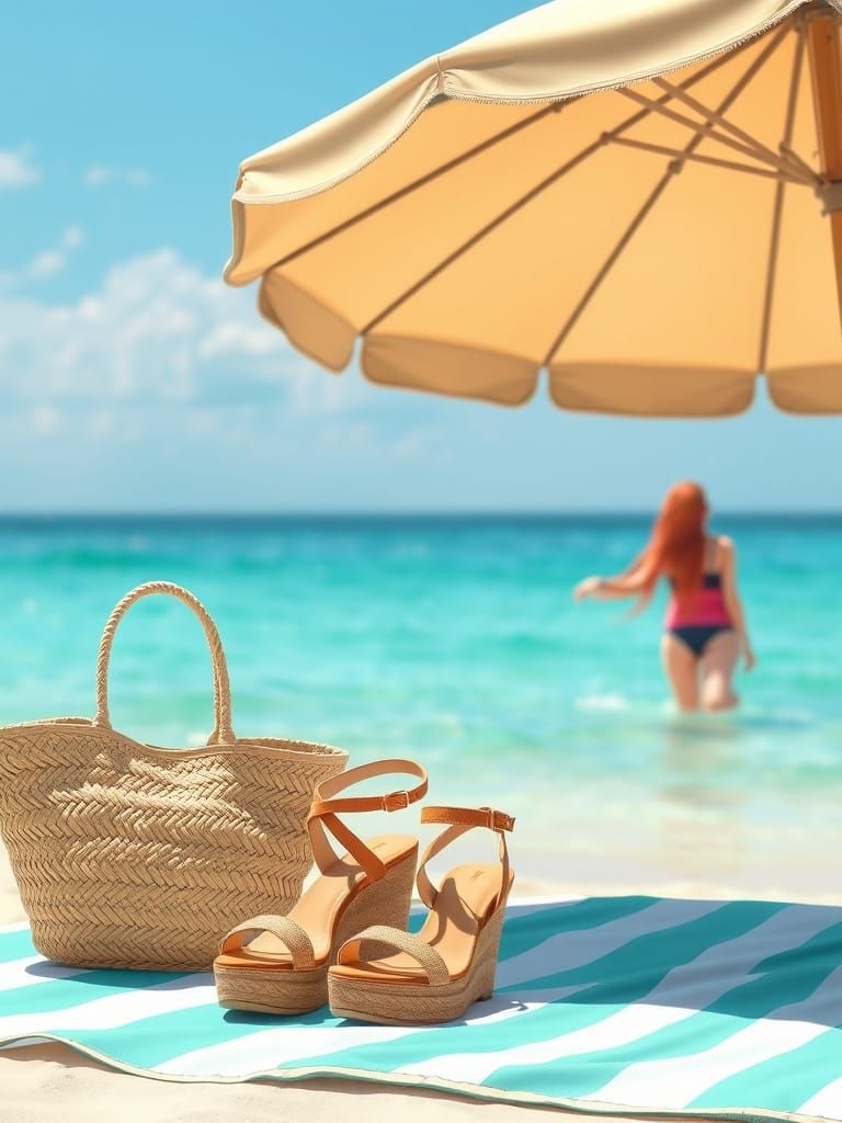 Hyper Realistic Summer Sandals and Tote in Beach Setting