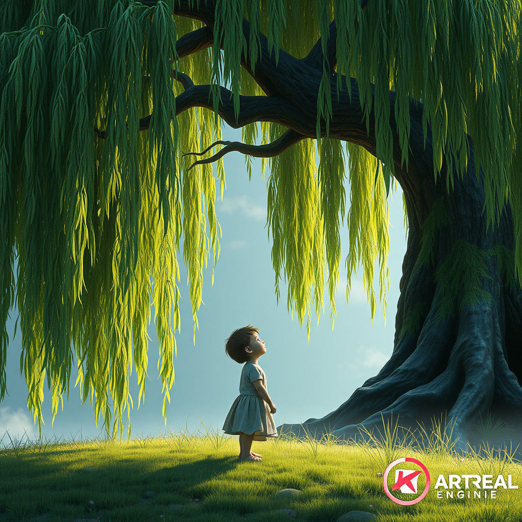 Fantastical Child Weeps Under Willow's Branches in Deep Fant...