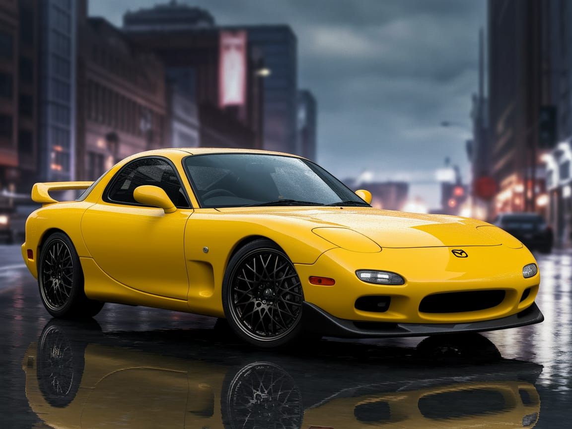 Realistic Comics-Style Mazda RX7 Cruising Downtown Detroit