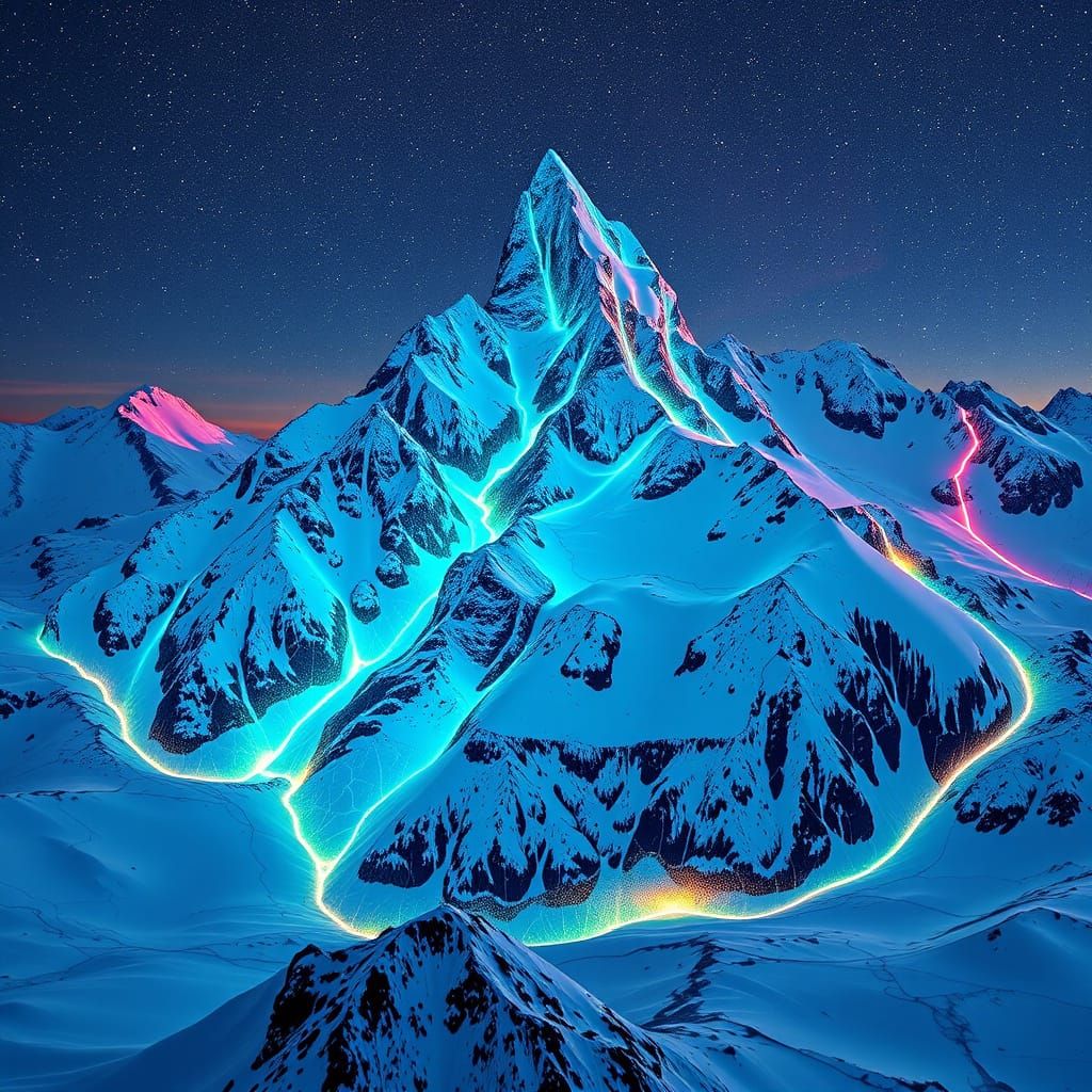 Surreal Alps Collage in Bioluminescent Style