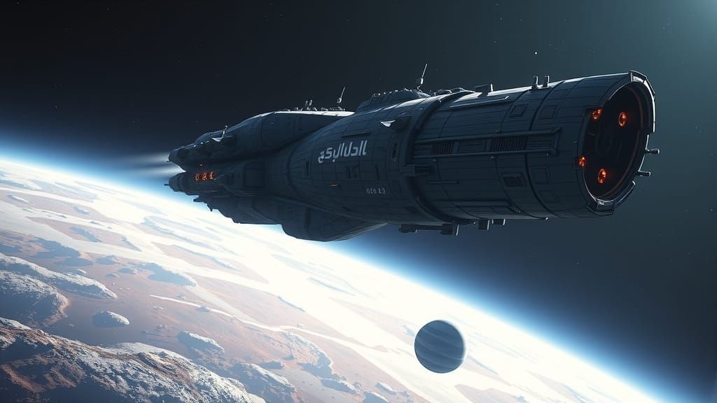 Colossal Spaceship Approaches Alien World: Anime Concept Art