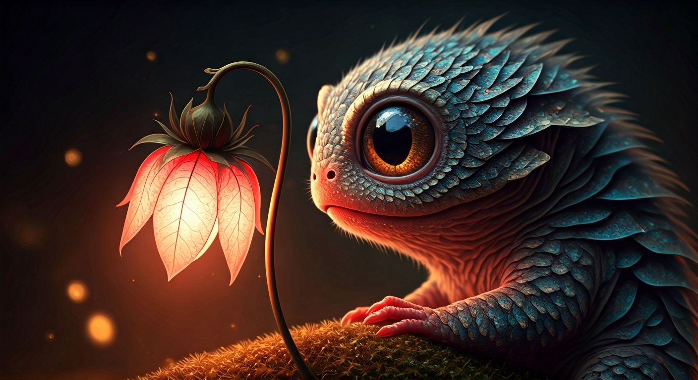 A cute creature in front of a bioluminescent lantern