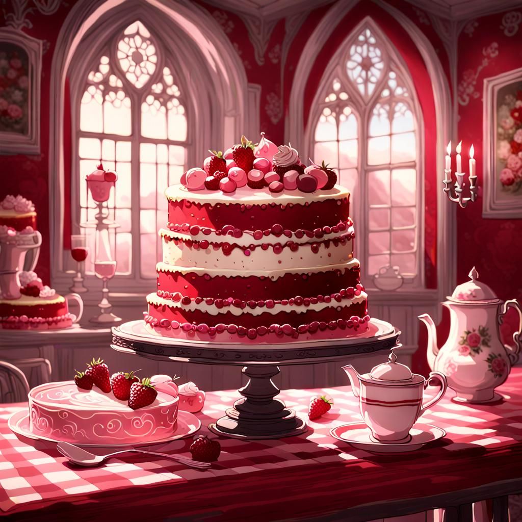 Surreal Vintage Still Life Cake in Elegant Gothic Dining Roo...