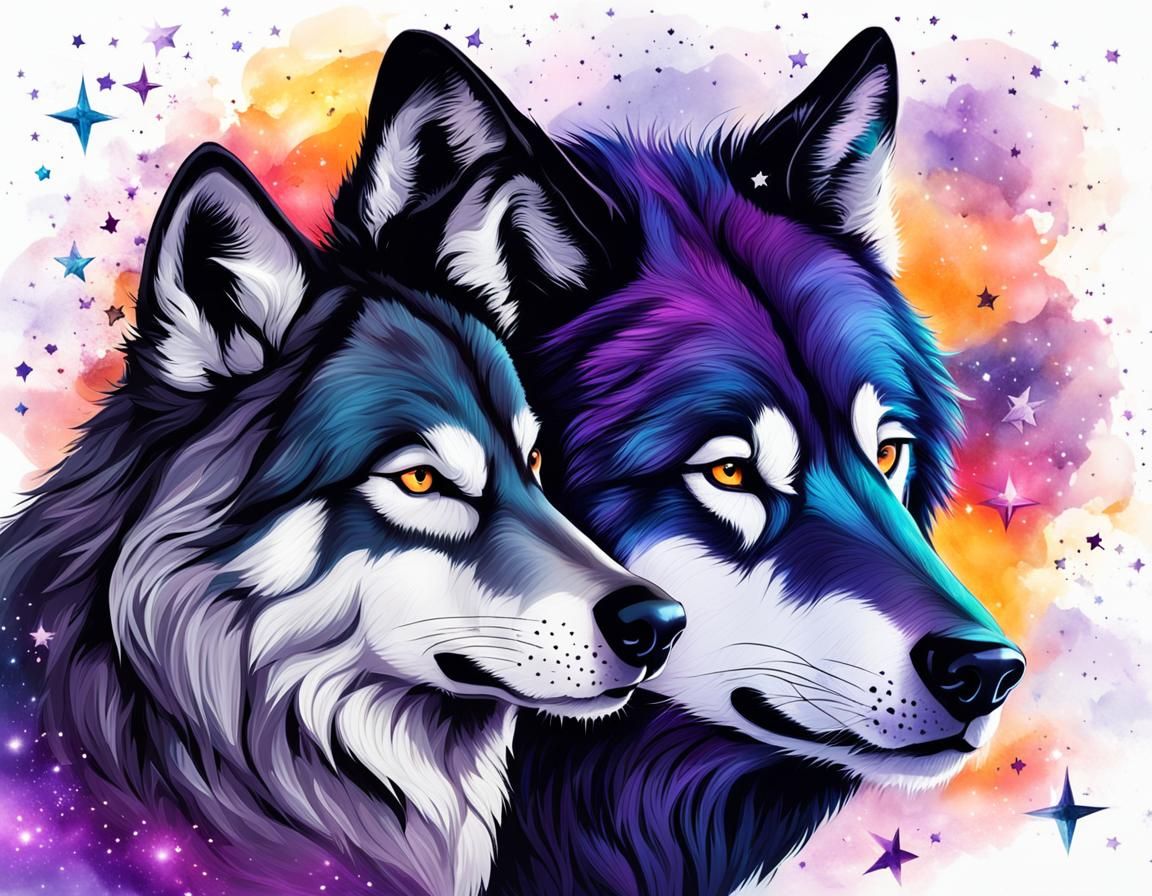 Wolf Couple Under a Vibrant Galaxy