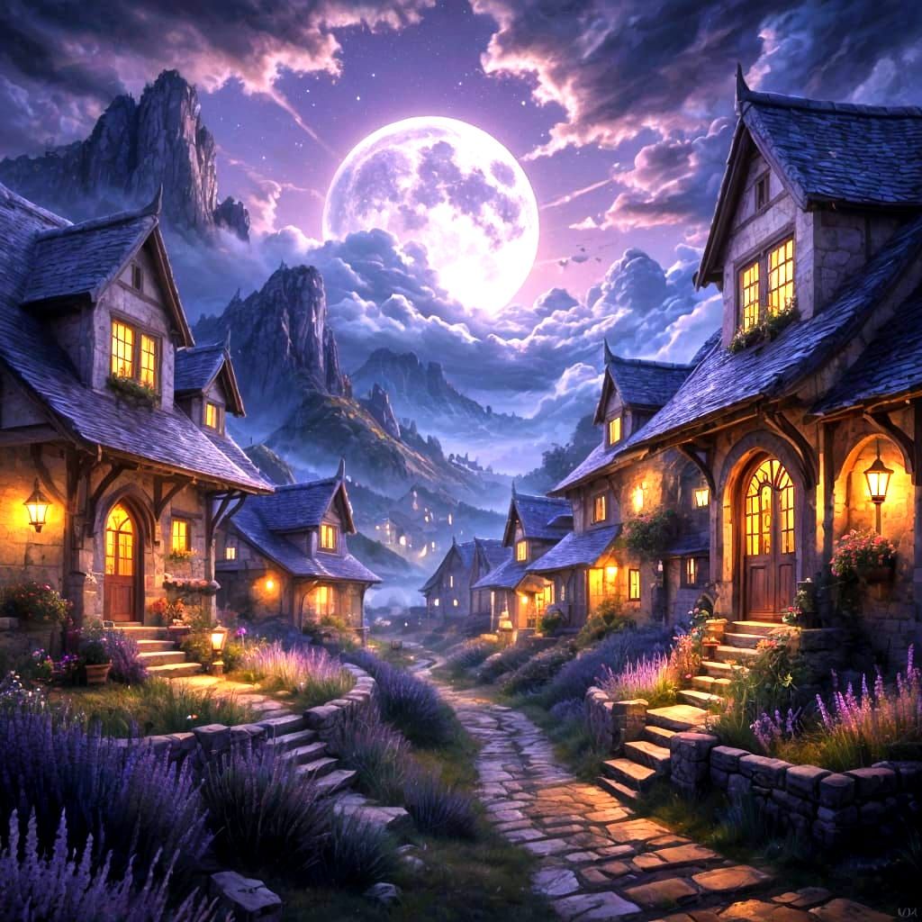 Dreamy Twin Moon Village Under Lavender Skies