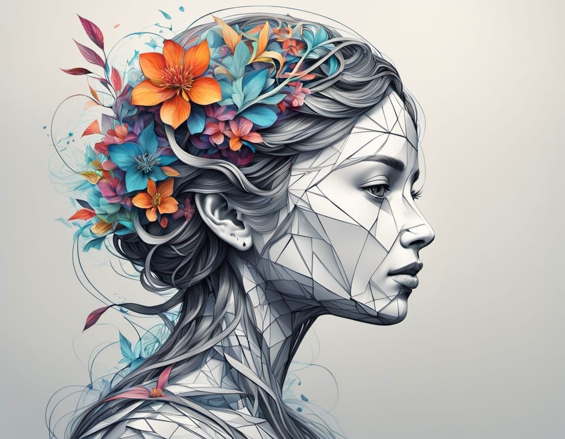 Woman Portrait with Flowering Branches, Multicolor Abstract