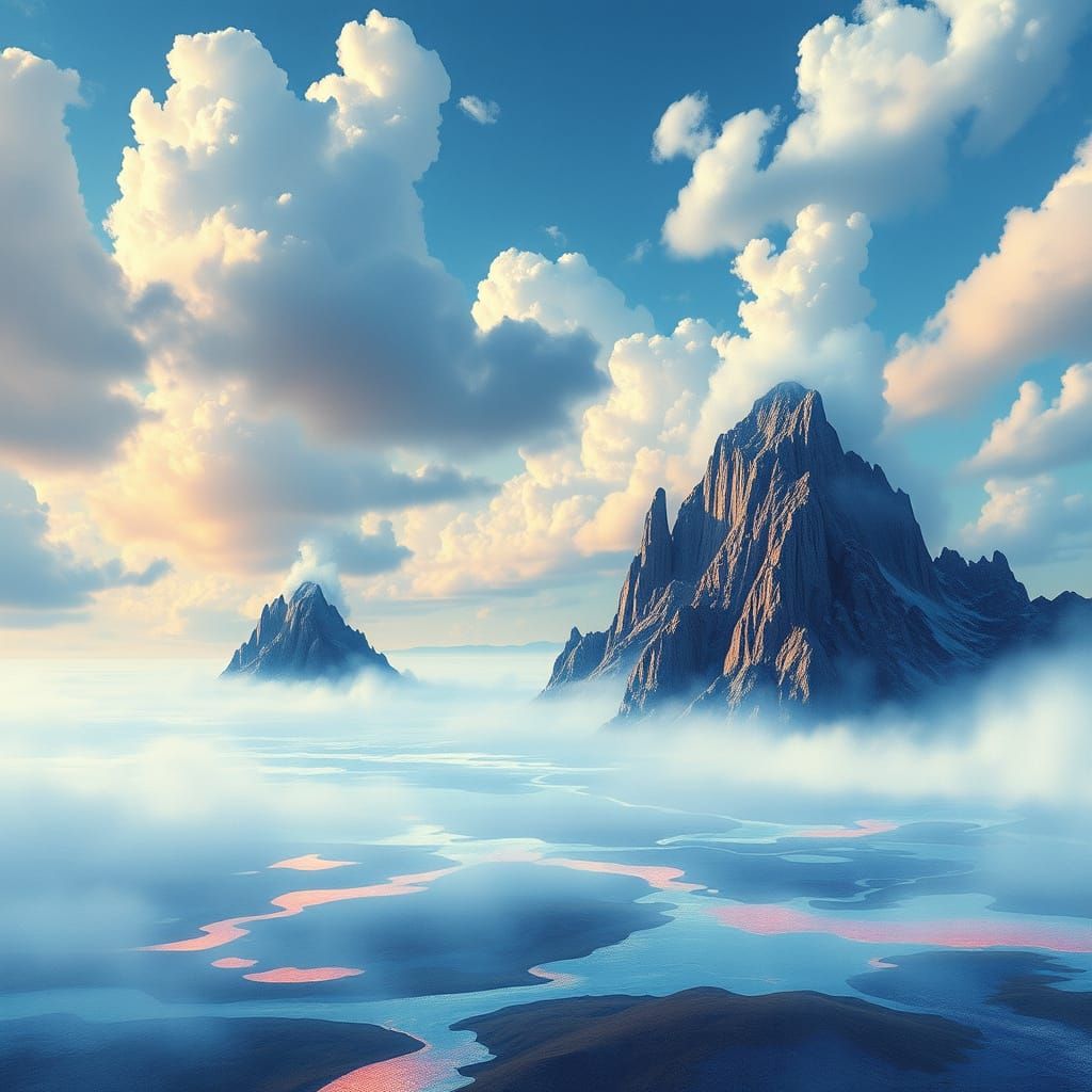 Dreamlike Surreal Landscape with Melting Clouds and Majestic...