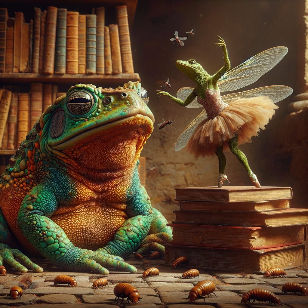 Eccentric Toad in Cozy Library Scene