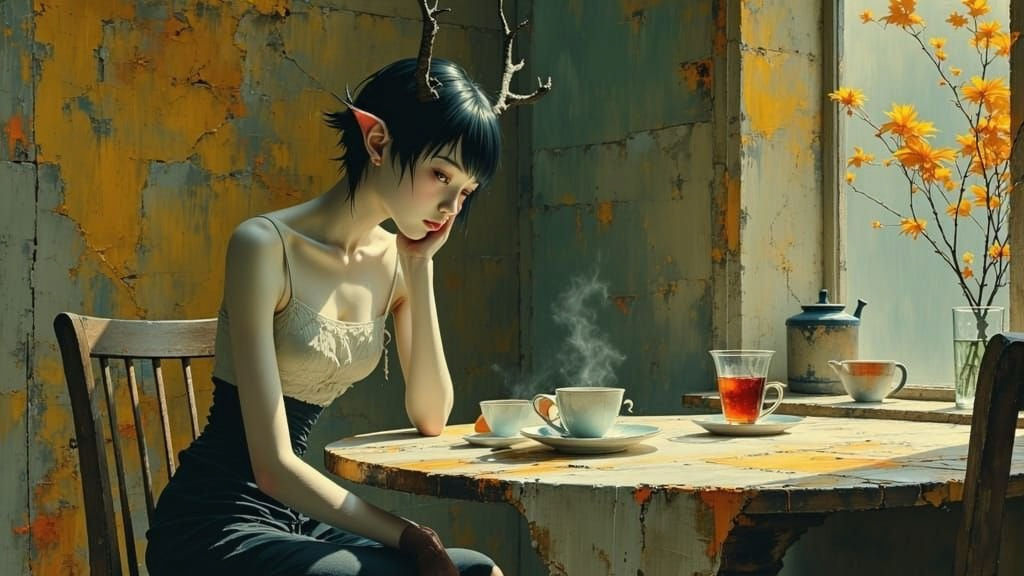 Fantasy Elf in Cafe Painted in Hyperrealistic Oil Style