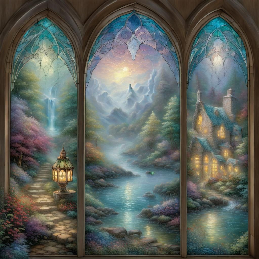 Vibrant Stained Glass Fantasy in Misted Woods