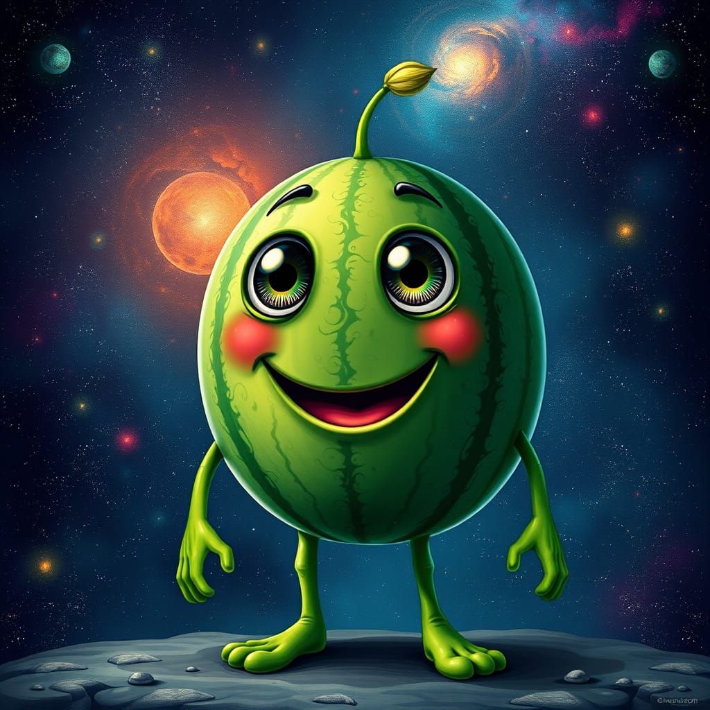 Celestial Watermelon Sprite Dances Under Starry Night Sky