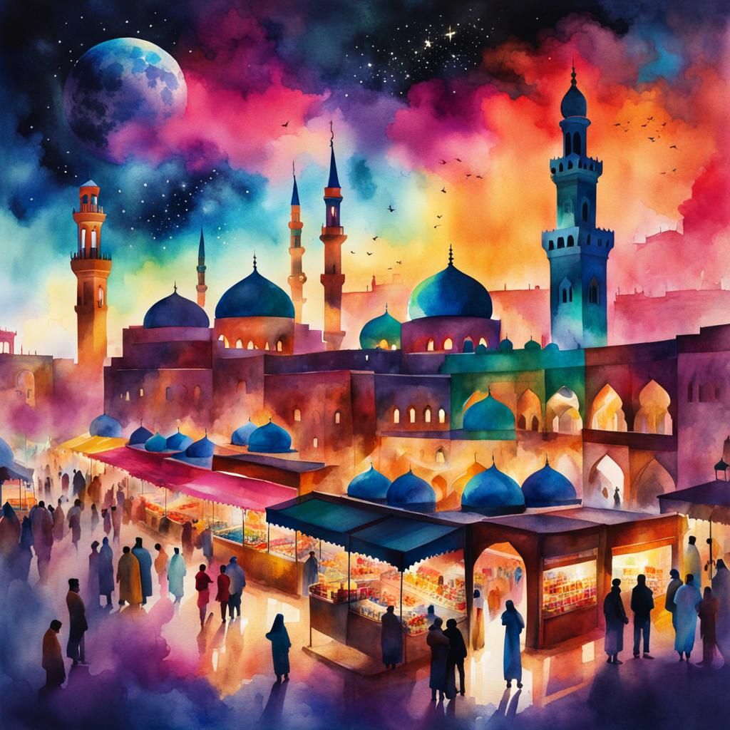 Vibrant Medina Marketplace in Watercolor Style