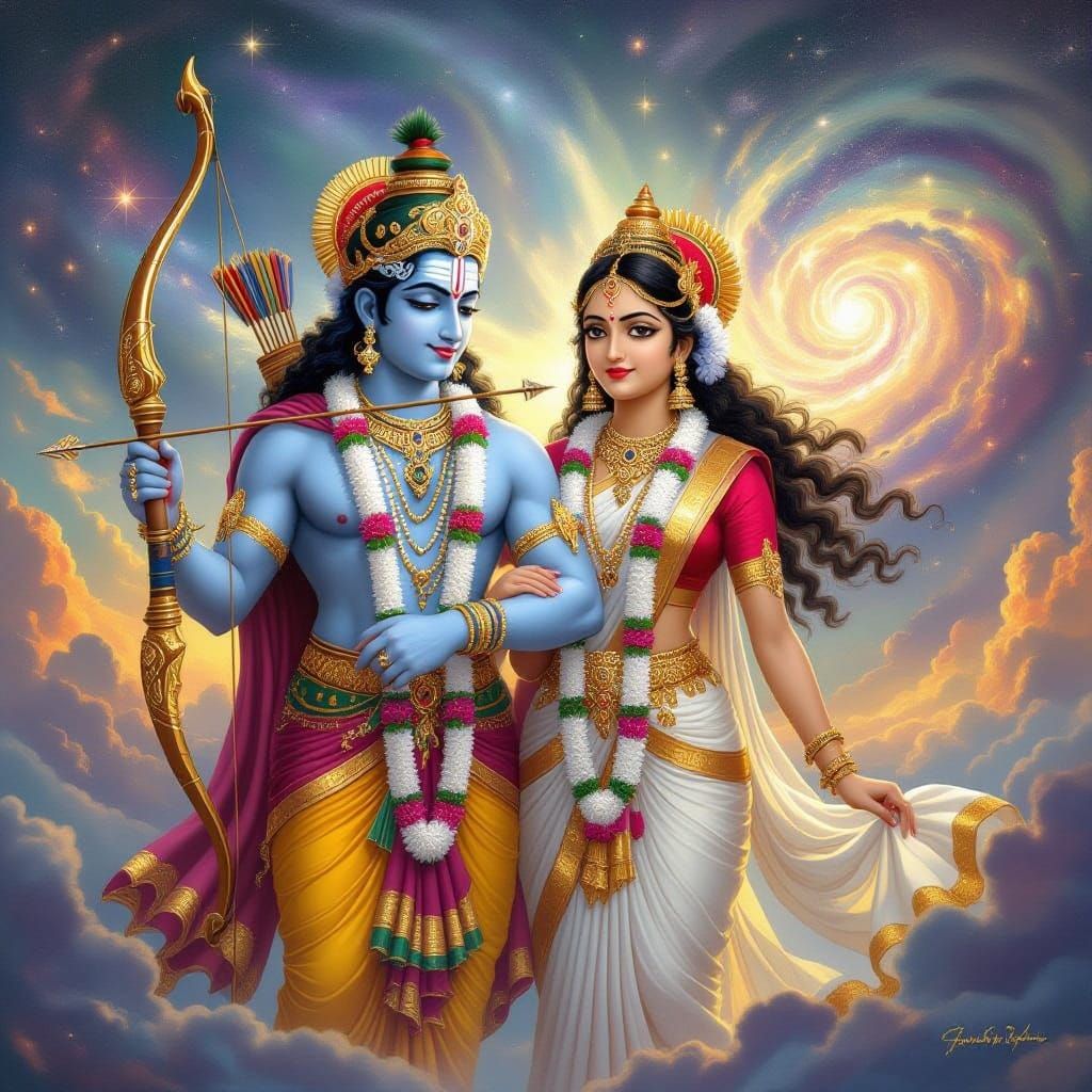 Rama and Sita: Divine Digital Painting in Ornate Style