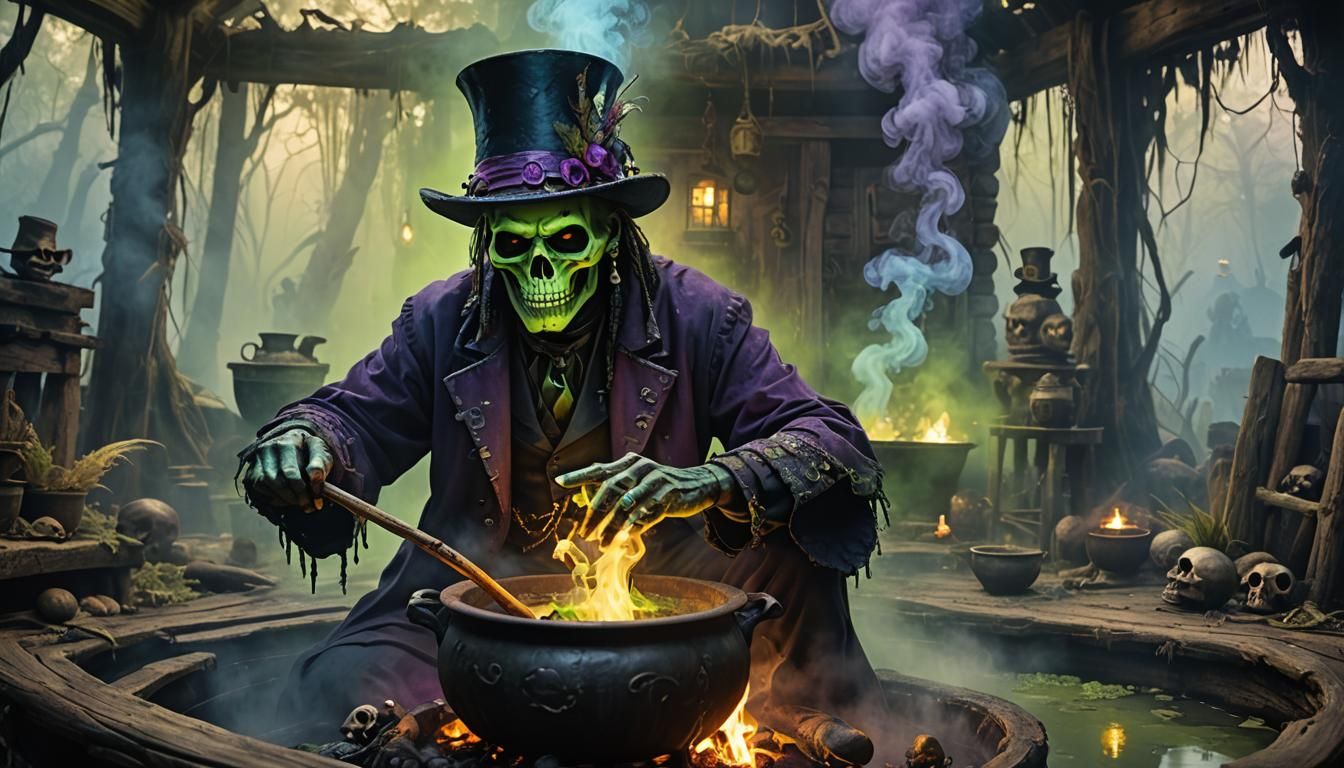 Voodoo shaman, top hat and skull face paint. Black cauldron ...