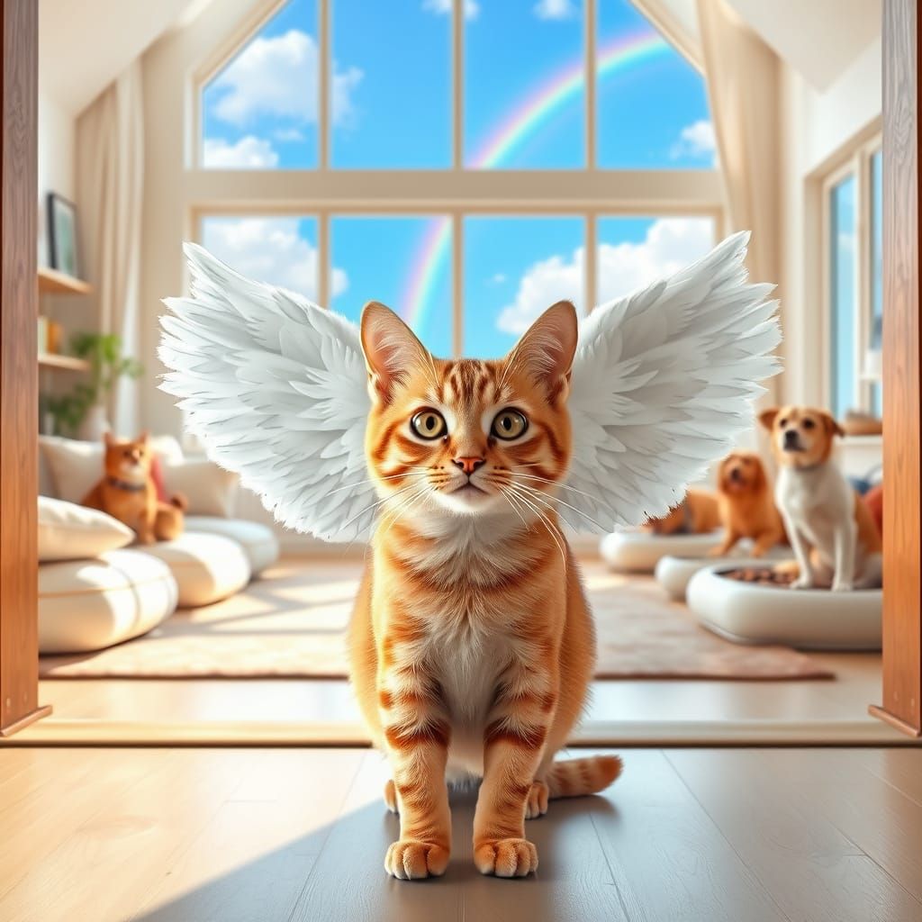 Winged Ginger Cat in Cozy Room with Rainbow
