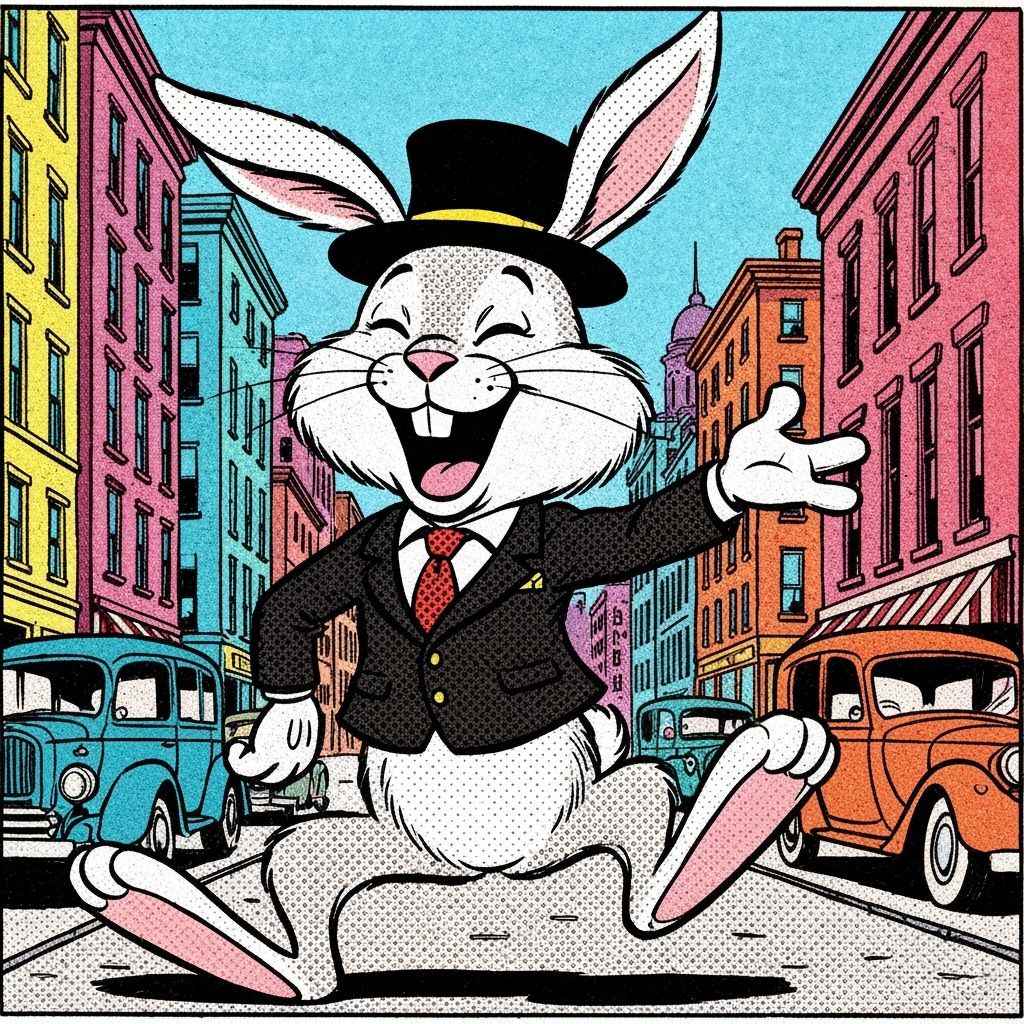 Joyful Bunny in Vibrant Cityscape, Comic Art