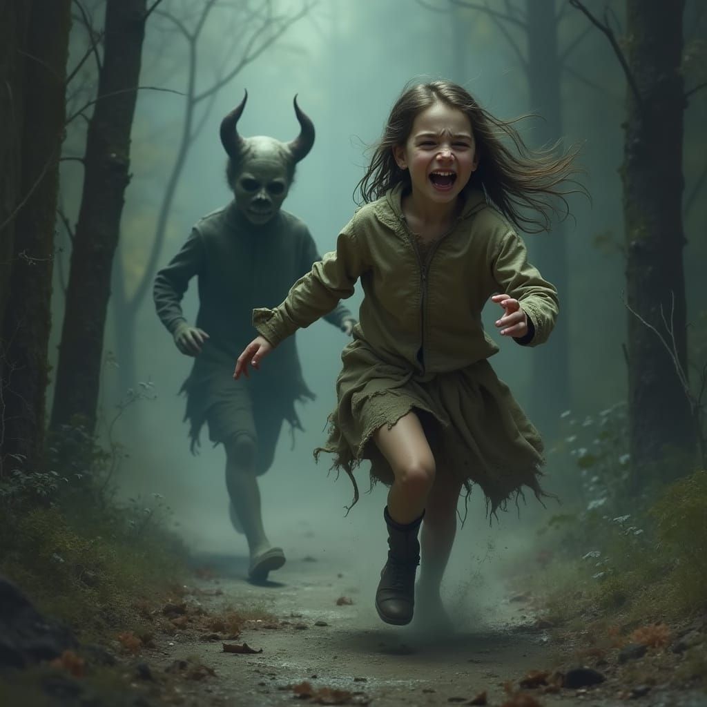 Terrified Girl Fleeing Undead Devil in Gothic Style