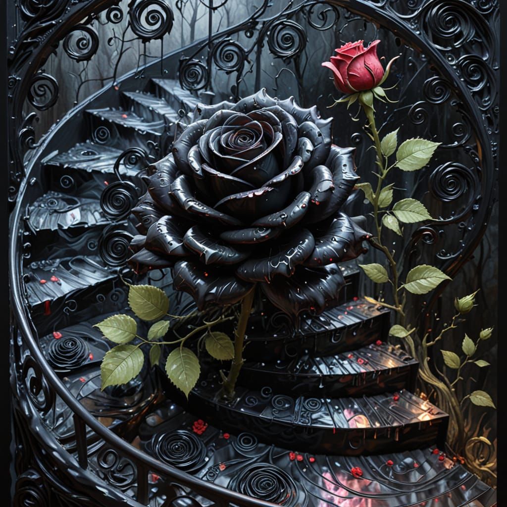 Impasto Vortex of Black Roses in Translucent Stairway