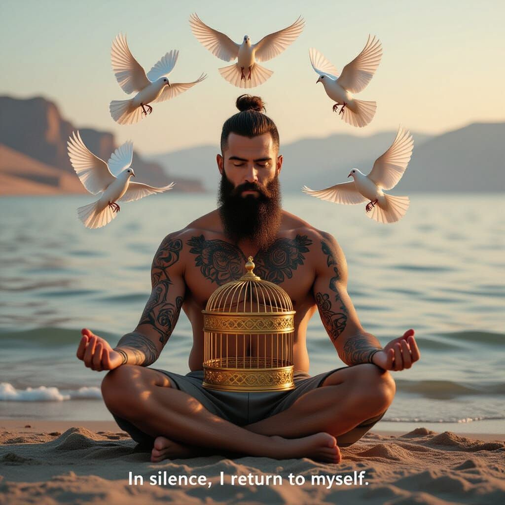 Man in Lotus Pose by Dead Sea with Doves