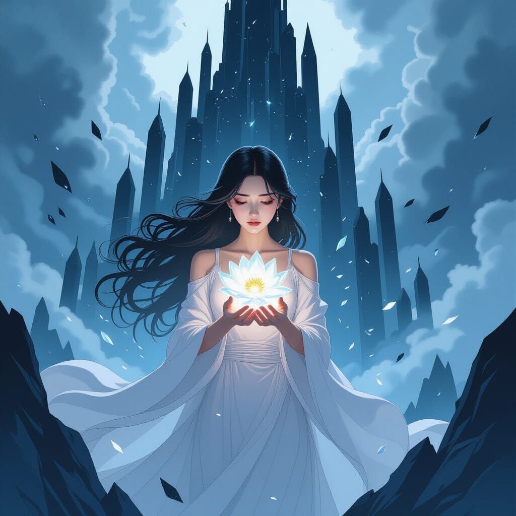 Melancholic Korean Woman with Crystal Blossom in Watercolor ...