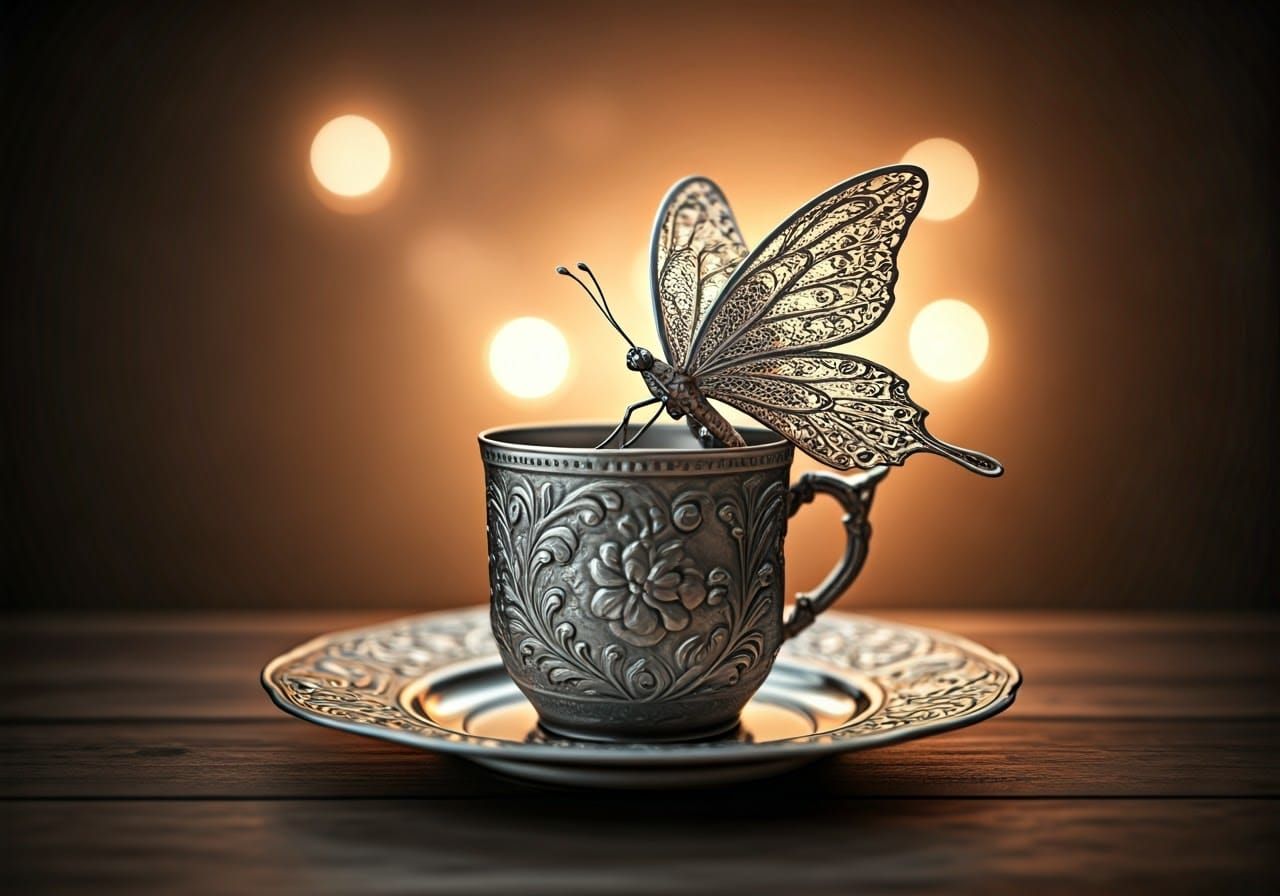 Luxurious Butterfly Perched on Ornate Silver Teacup