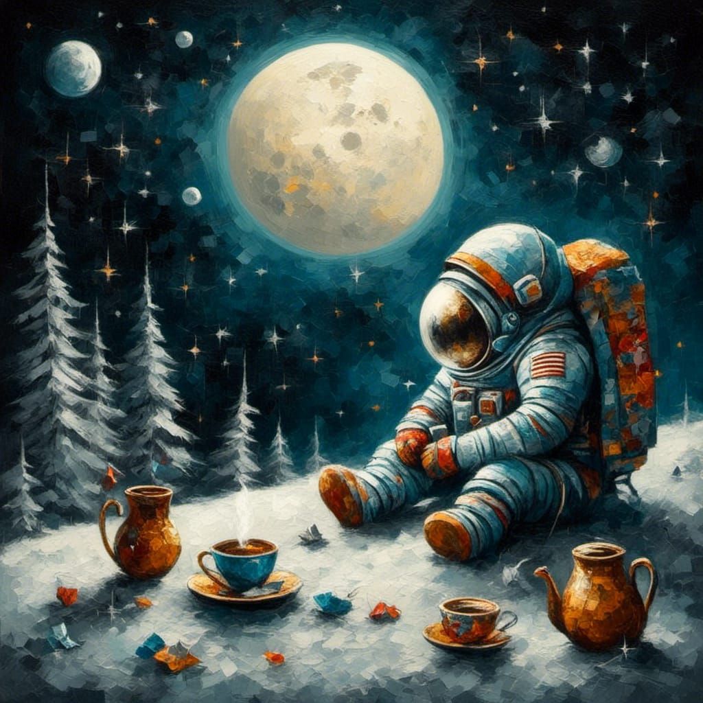 Cosmic Coffee Break in Lunar Landscape