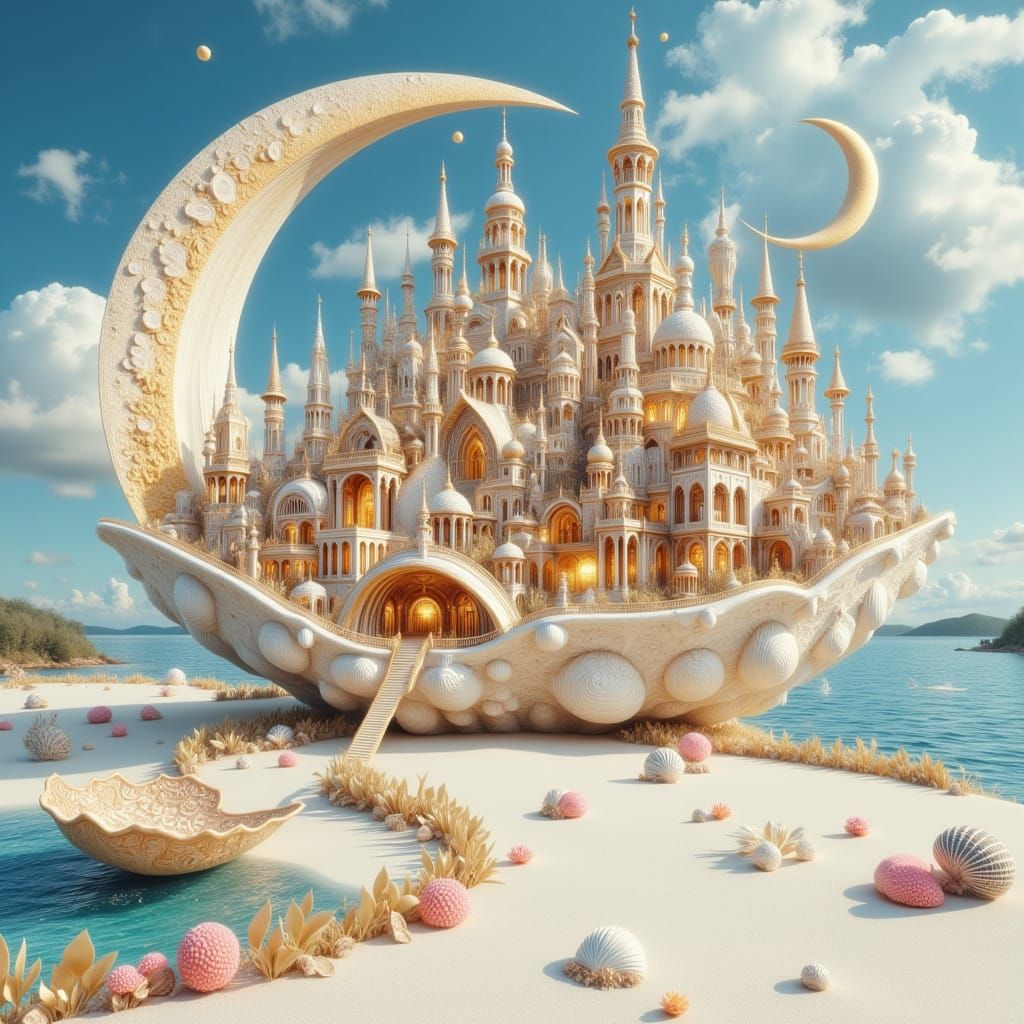 Fantasy Shell City on Moonlit Beach