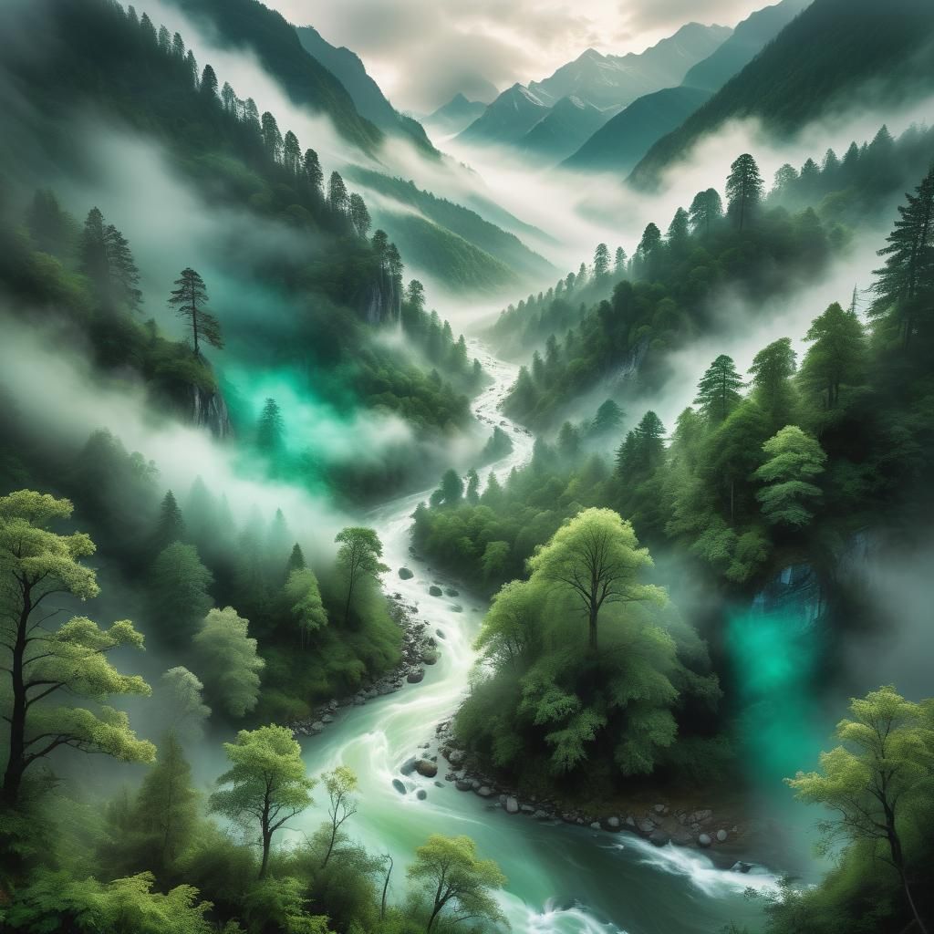Ethereal Misty Mountainscape with Towering Trees