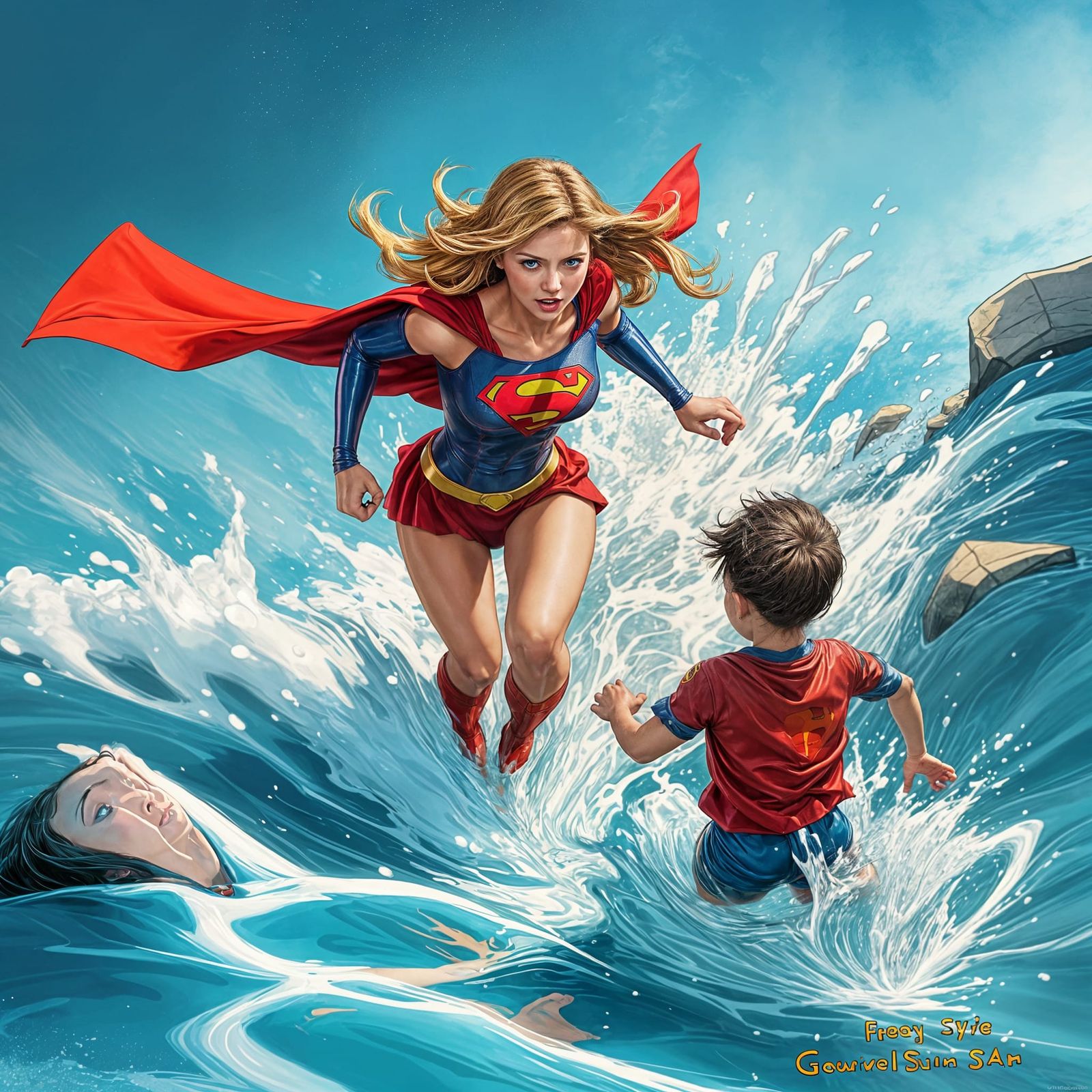 Supergirl Saves Child from Drowning in a Stormy River Landsc...