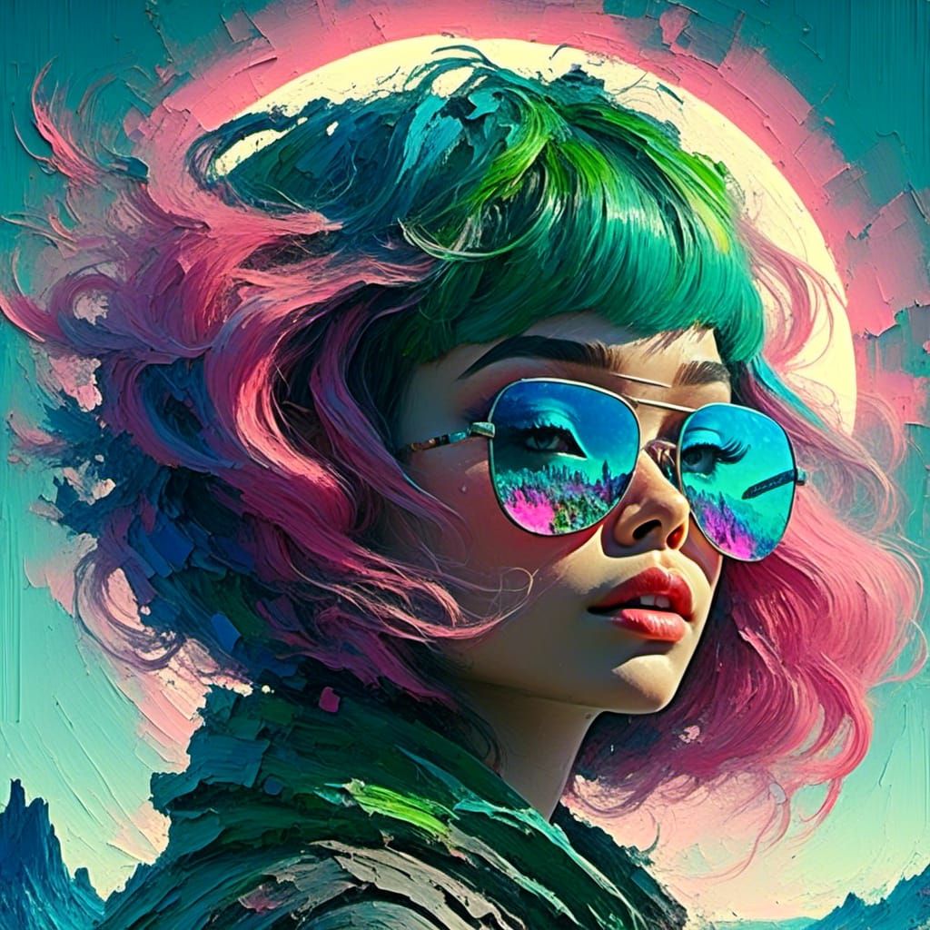 Surreal Vaporwave Portrait of a Riding Hood Girl with Neon S...