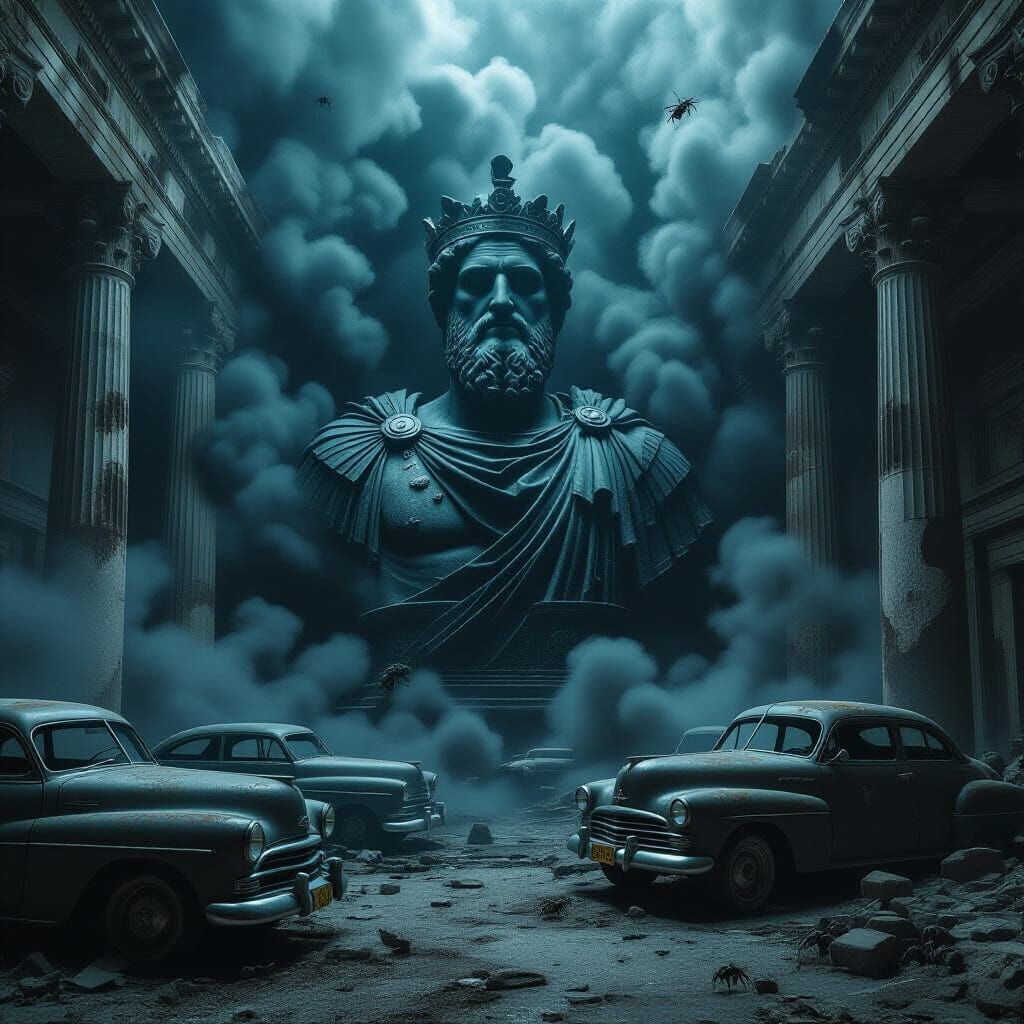 Ominous Fogscape with Roman Sculpture, Giger Style