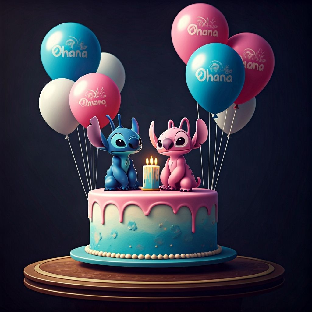 Stitch and Angel Birthday Cake in Fantasy Art Style